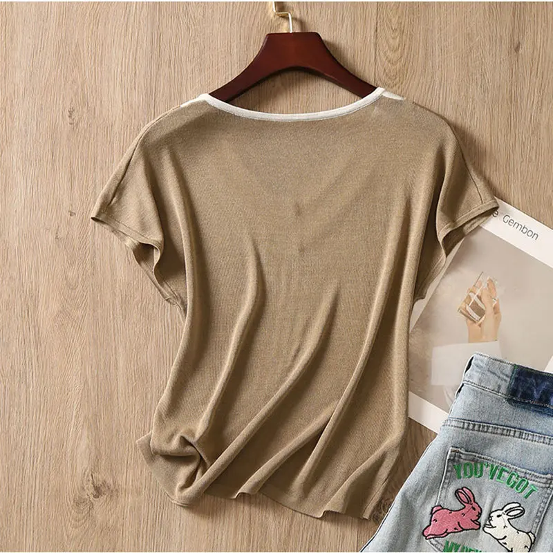 Beige Vintage V-Neck Loose Pullover Short Sleeve Knitted Women\'s Blouse T-Shirt Female Tops Shirt Women Clothing Fashion 2024