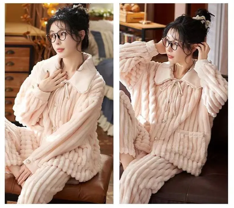 Winter Coral Women Pajamas Set Warm Sleepwear Winter Home Wear Pyjamas Sweet Flannel Thicken Sweet Girls Pyjamas