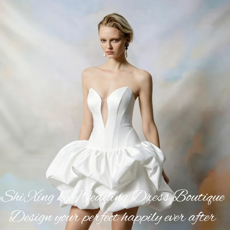 Voluminous Ruffle Bubble Short Wedding Dress Strapless Satin Corset Back Bridal Gown Vestidos De Novia Customized