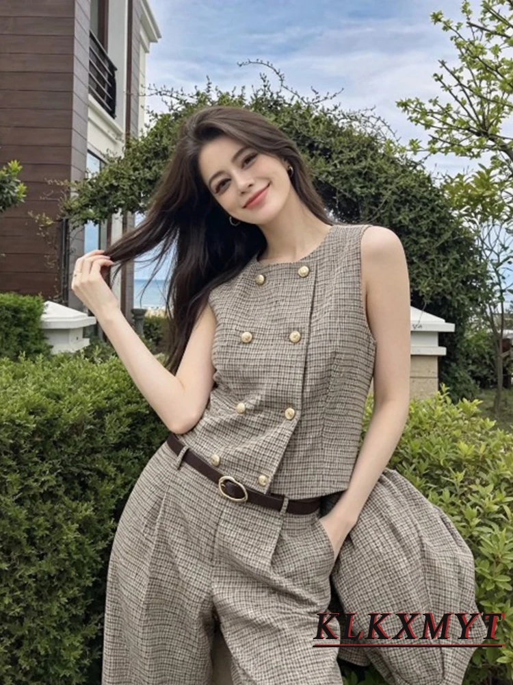 Women Fashion Plaid Sets Sexy O-Neck Double-Breasted Sleeveless Vest+With Belt Wide-Leg Pants Summer Autumn Office New 2 Pieces - view 4