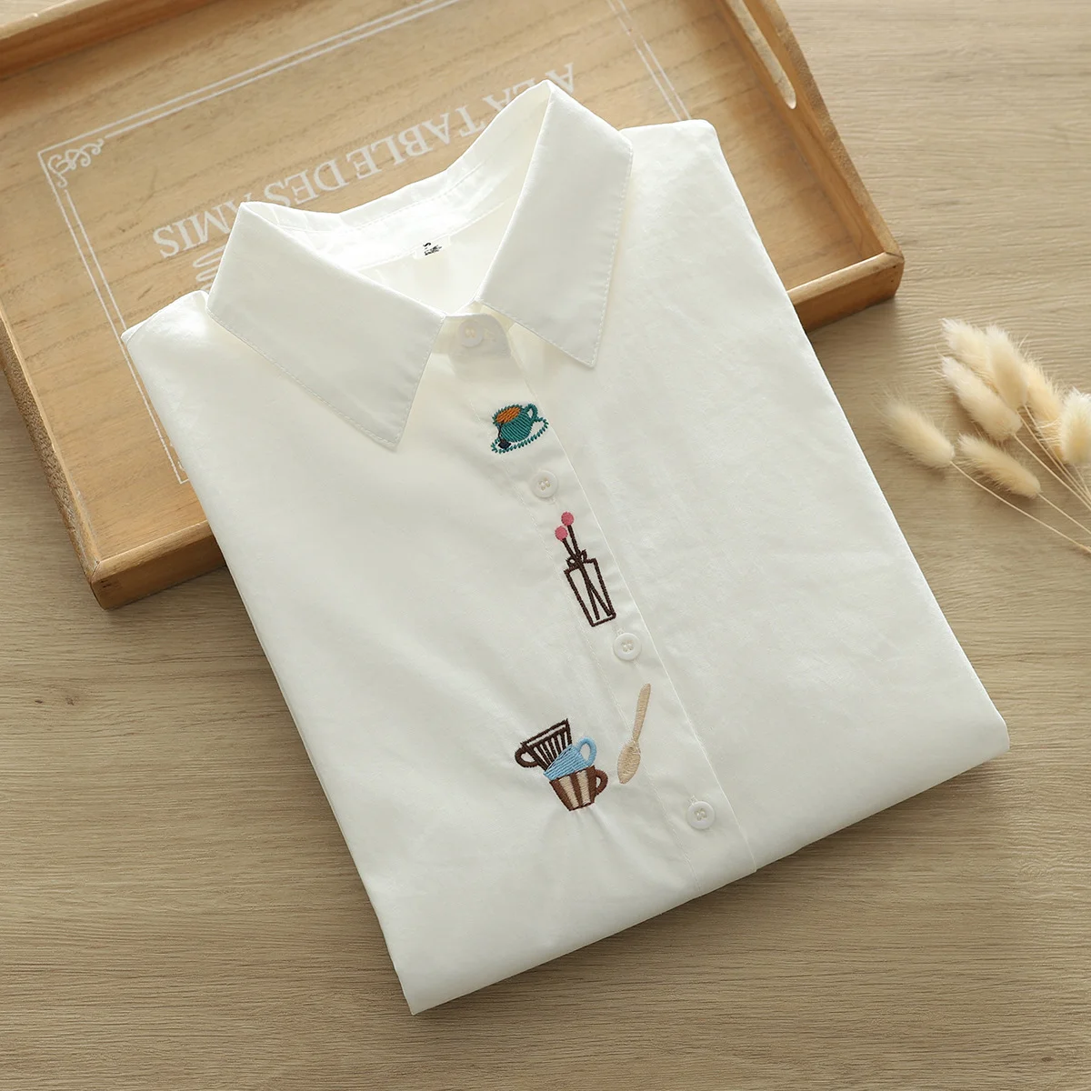 

Women Spring Blouse Long Sleeve Turndown Collar Cartoon Cups Embroidered Cotton White Shirt Japan Style Casual Top