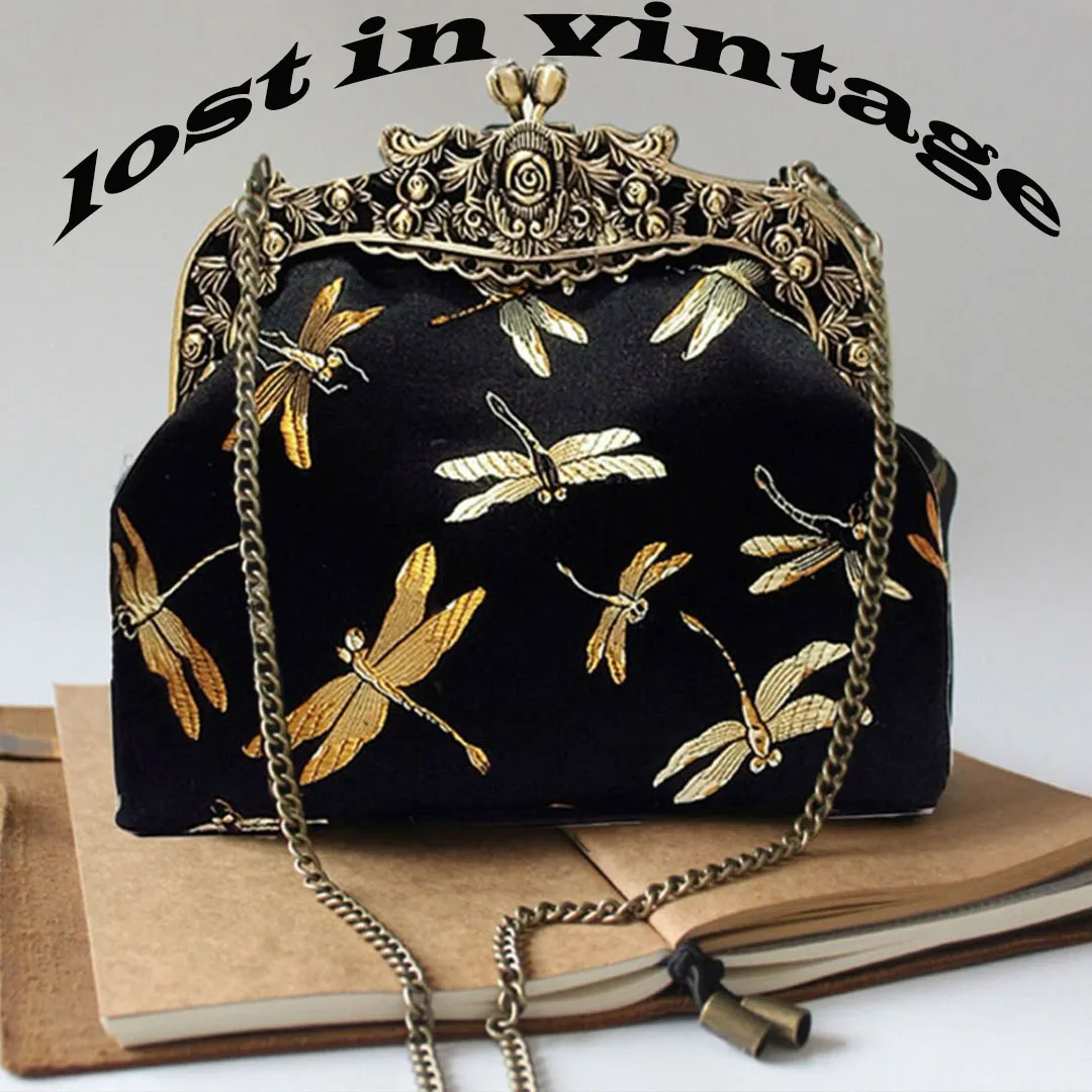 Lost in Vintage Dragonfly Clasp Purse Metal Frame Kiss Lock Evening Clutch Nickel Farmyard Accessory Evening Clutch 20x16x5c