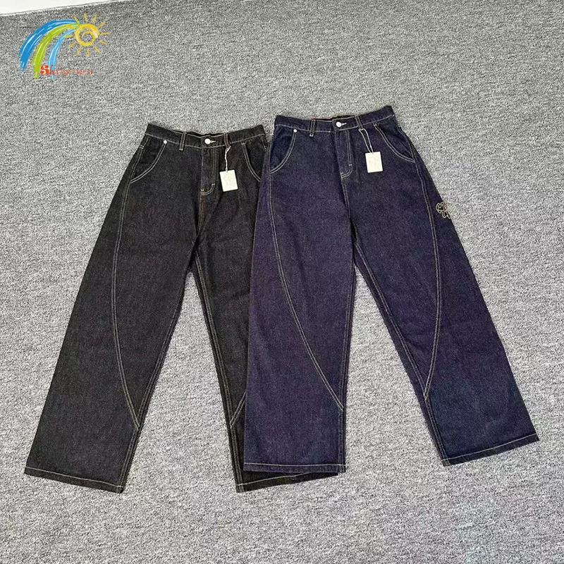 

Casual Black Blue Splicing Stitching Patchwork Denim Trousers Men Women Best Quality Classic Logo Embroidery Mertra Jeans