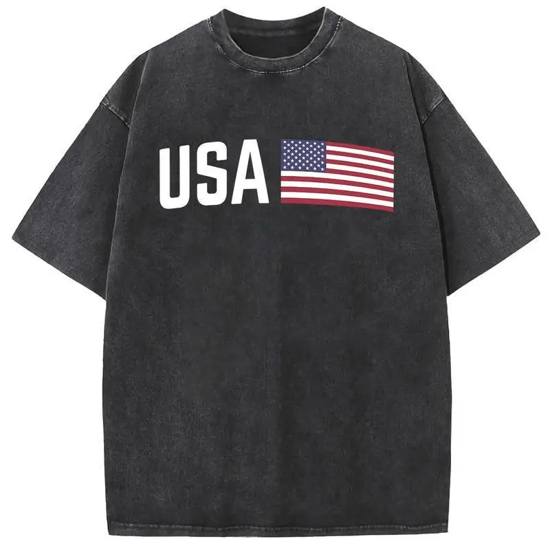 

Men's USA Oversized T-shirt, American Flag Graphic Washed Tee, Hip Hop Streetwear Casual Tops, Summer Vintage Style Short Sleeve
