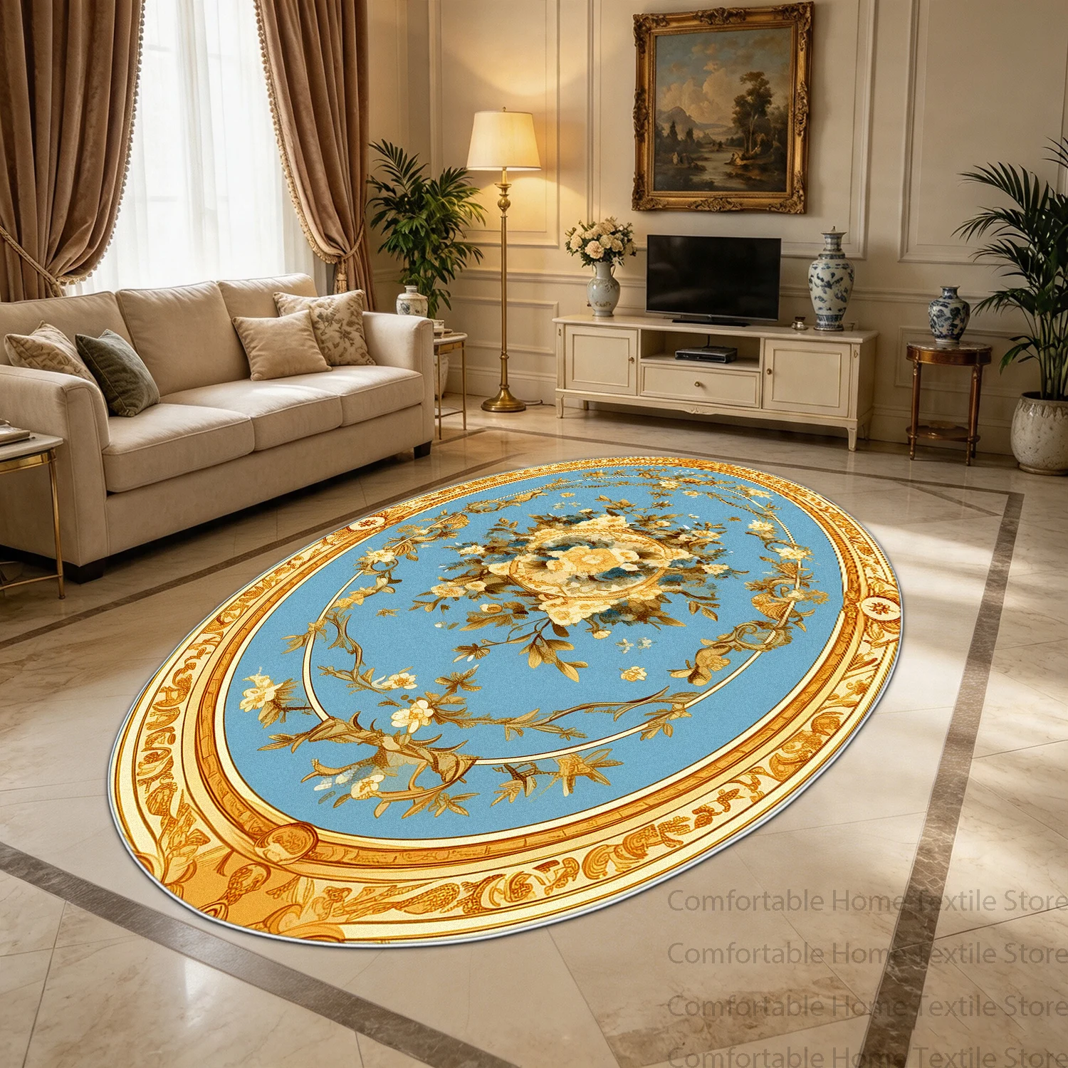 European Style Rococo Floral Living Room Oval Carpet Fluffy Foldable European Tatami Mat Washable Short Velvet Coffee Tables Rug
