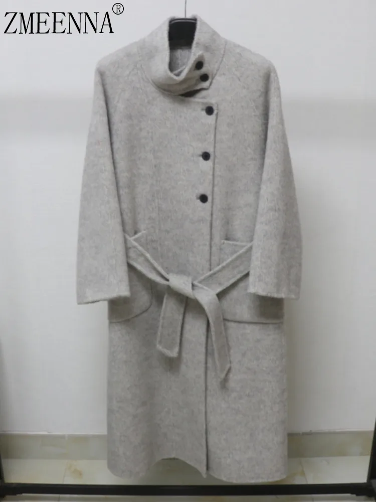 

ZMEENNA Womens Gray Wool Blend Long Coat High Stand Collar Warm Overcoat With Tie Waist Belt Winter Outerwear ZM4306