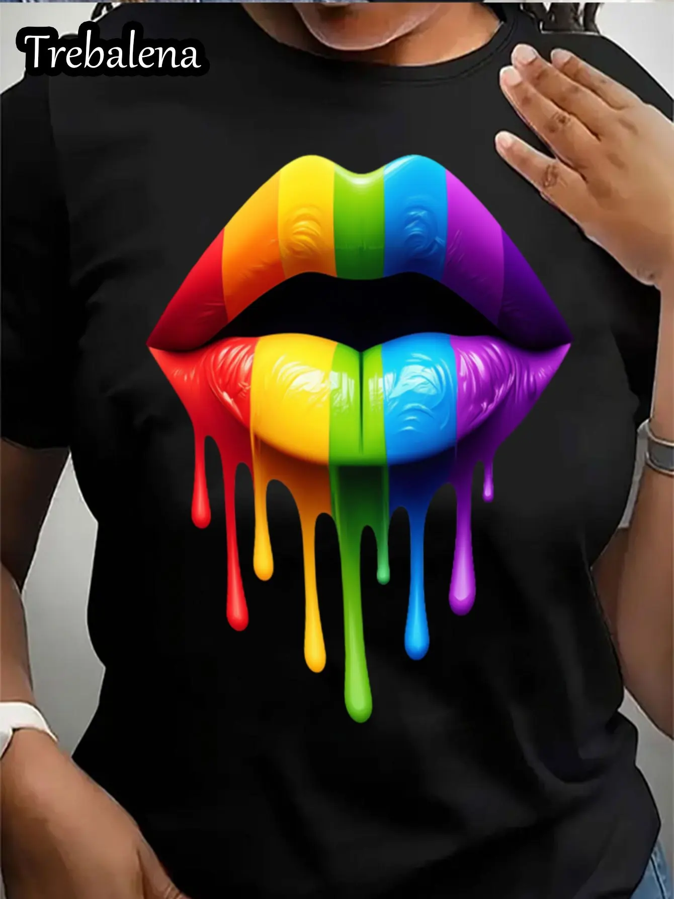 Plus Size T-shirt met ronde hals 100% katoen Regenbooglippen Druipend Grafisch T-shirt Gedurfd Kleurrijk Lippen Ontwerp Zwart Casual T-shirt Zomer