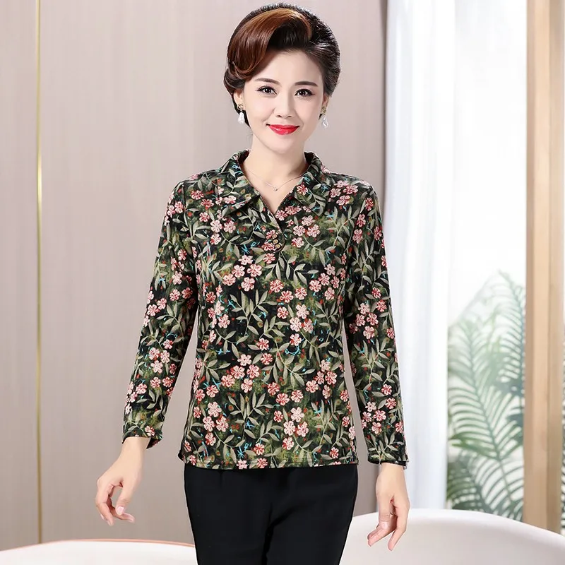 Vintage Floral Printed Shirt Women Chic Long Sleeve Blouse Pullover Elegant Turndown Collar Middle-aged Tops Female Oversize 5XL