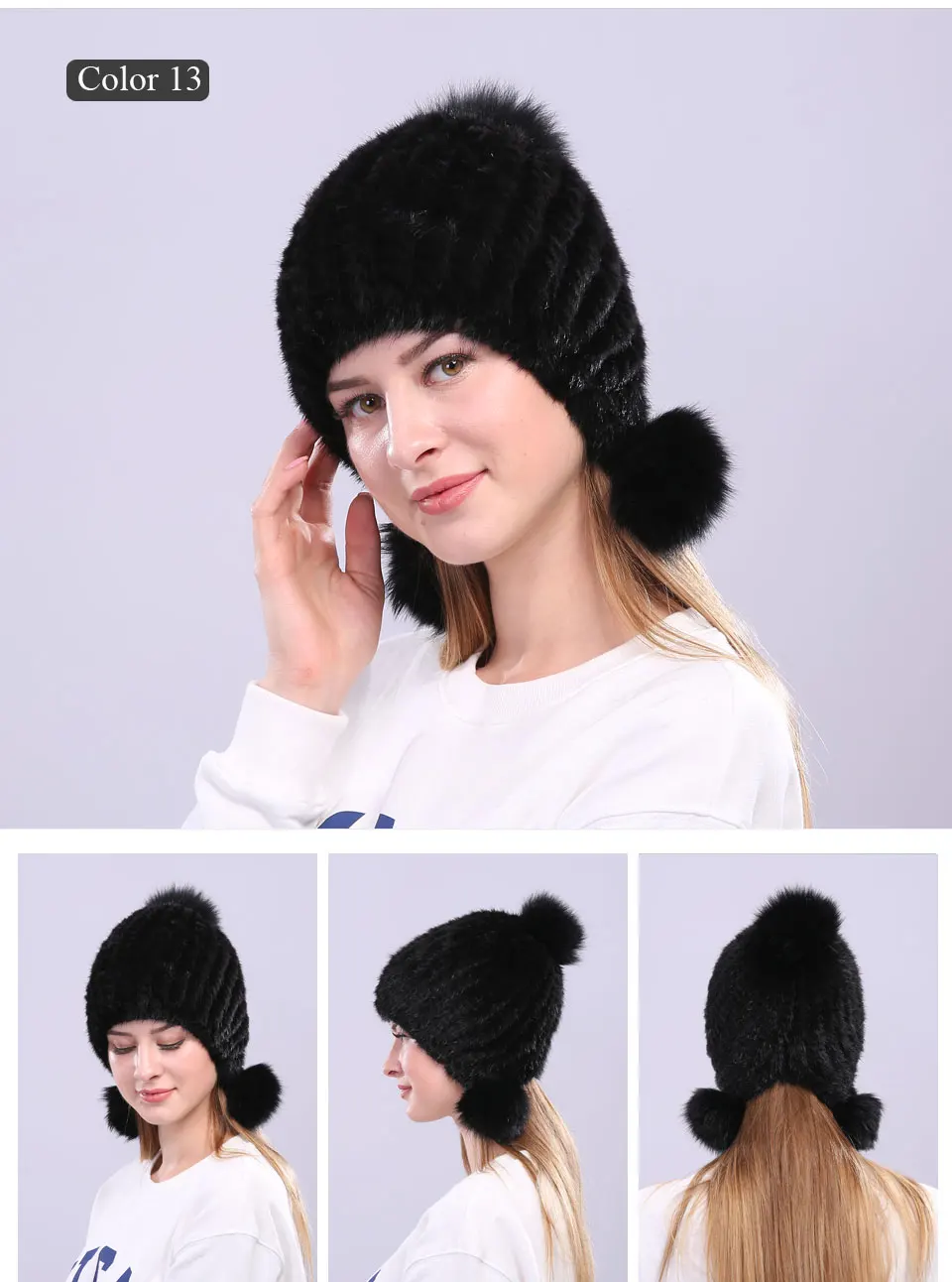 Echte Nerz Pelzmütze mit Fuchspelz Ball Ohrenschützer Schutzkappe Wintermütze für Frauen Russische Trapper Herbstmütze Beanie Herbstmütze – Detail 16