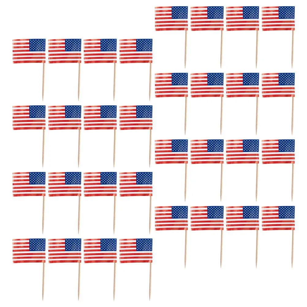 50Pcs American Flag Cake Picks Food-Grade Bamboo Toothpicks Decorative Dessert Decor Party Fruit Picks Cocktail Toppers Usa