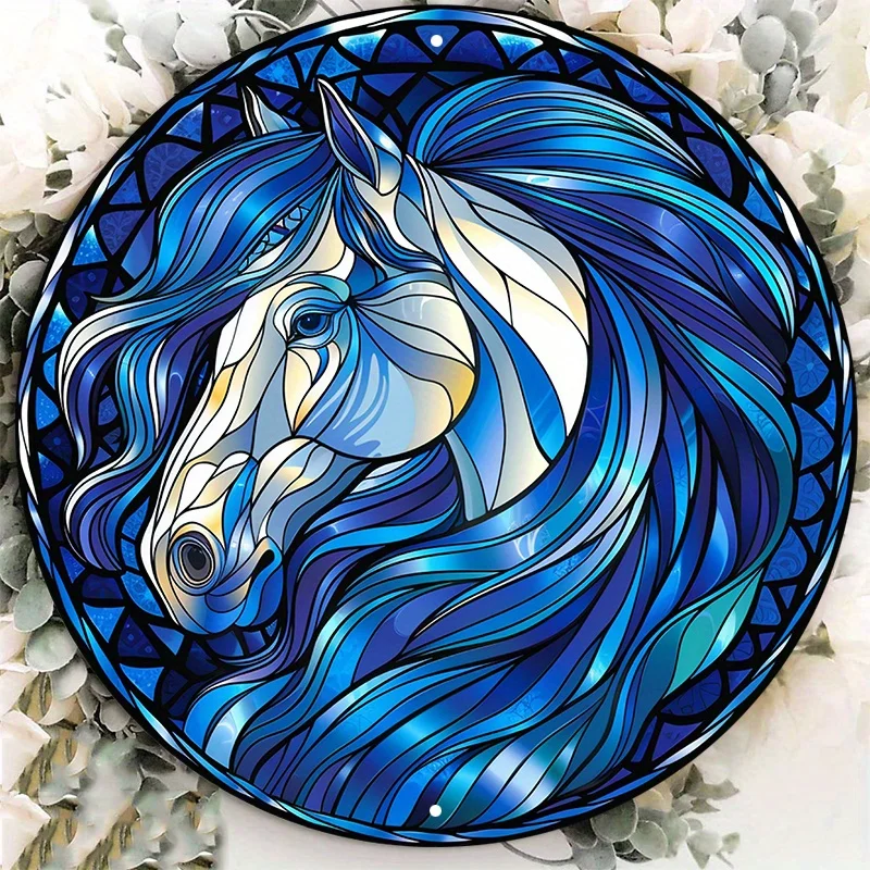 Round Aluminum Metal Horse Art Sign: HD Printing, Pre-Drilled for Easy Hanging - Stained Glass, Window Style Decor, 8x8 in, 1PC