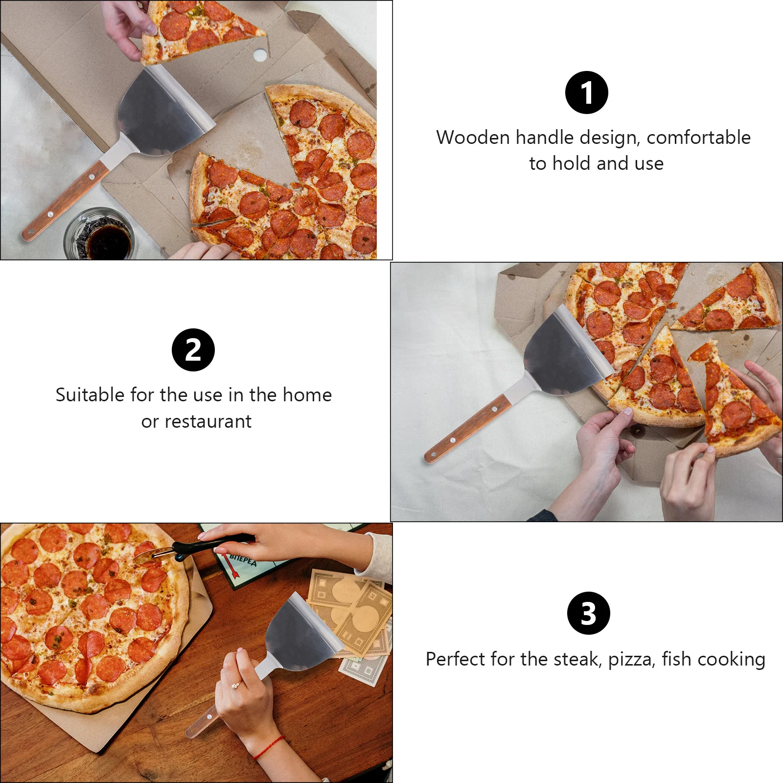 1 قطعة ملعقة مقبض خشبي الفولاذ المقاوم للصدأ المنزل مطعم ستيك البيتزا أداة الطبخ مقبض خشبي ملعقة #3