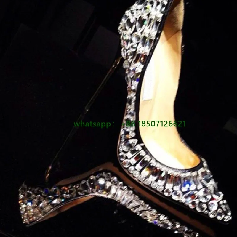 Pointed Toe Full Rhinestone Metal Heel Stiletto High Heels Feminine Luxury Pumps