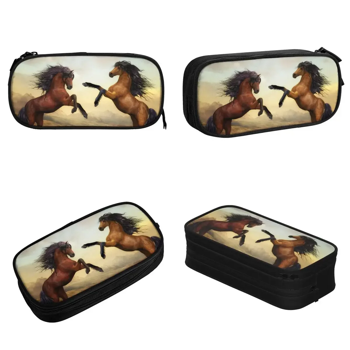 Brown Horse Pencil Cases Galloping Animal Lovers Pen Bags Girls Boys Large Storage Students School Zipper Pencilcases