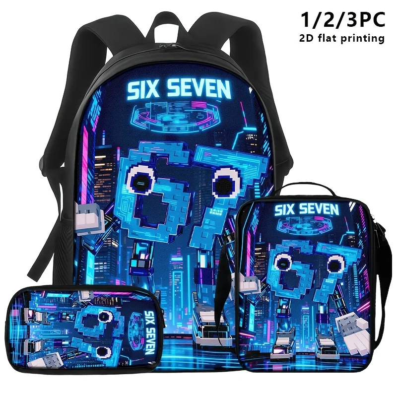 1pc/2pcs/3pcs Backpack, Shoulder Bag, Pouch with Blue Cyberpunk 'SIX SEVEN' Robot Print. Futuristic Tech Design for Students