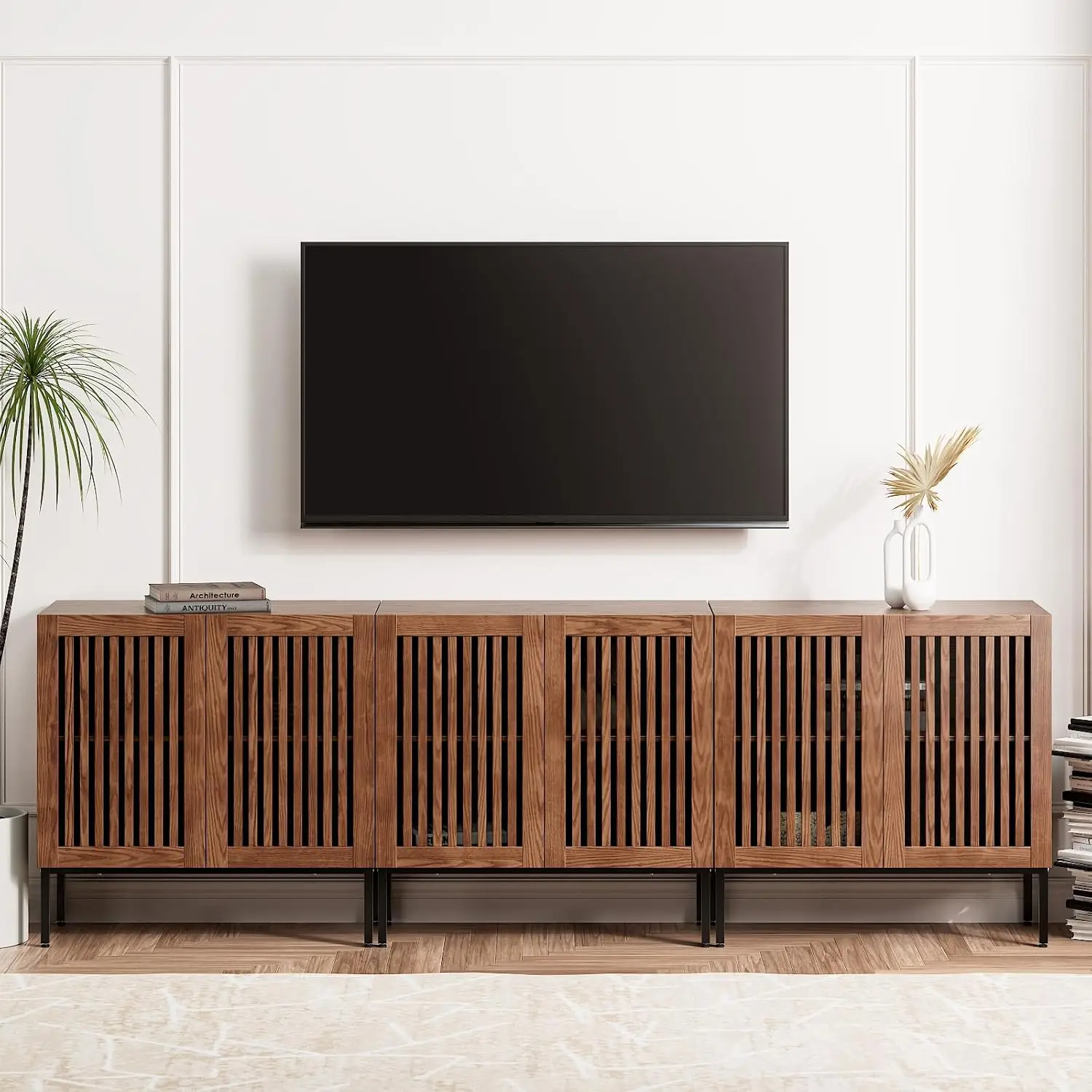 Farmhouse Tv Stand For Tvs Up To 95 Inch, 3 In 1 Entertainment Center Tv Console With Storage Cabinets And Metal Base,Media