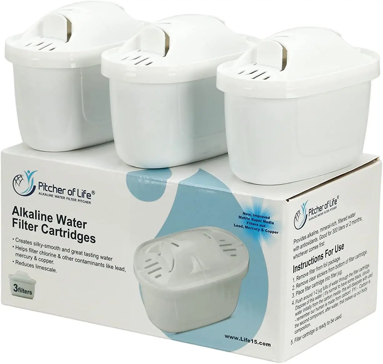 

Alkaline Water Filter Cartridge Replacement for Pitchers, Pack of 3 - Removes Contaminants & Adds Minerals