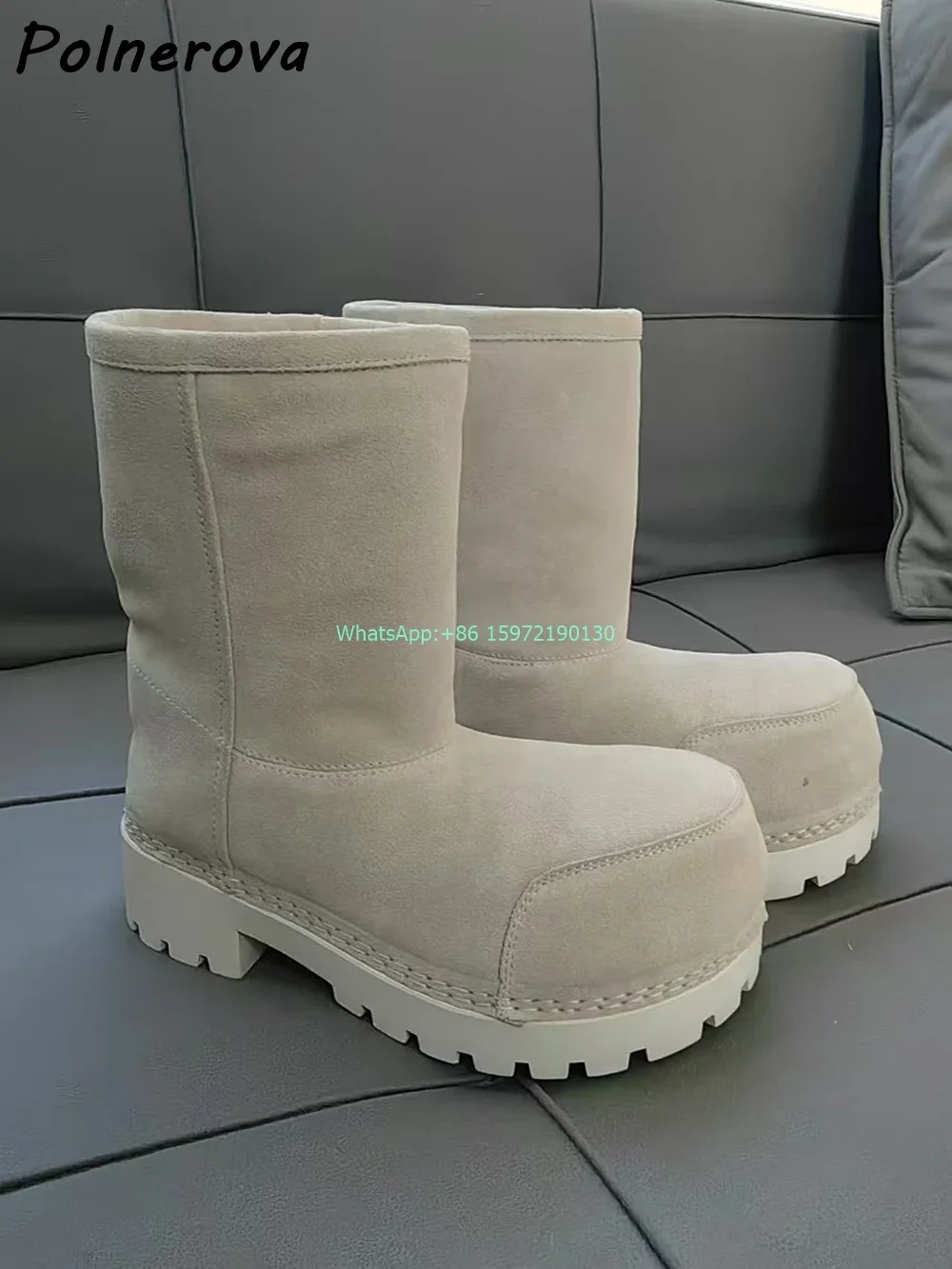 Weiches Fell, solide Schneestiefel, runde Zehen, dicke Sohle, Nähen, Slip-on-Kniehohe Stiefel, prägnante Street-Style-Winter-warme Schuhe 2025,