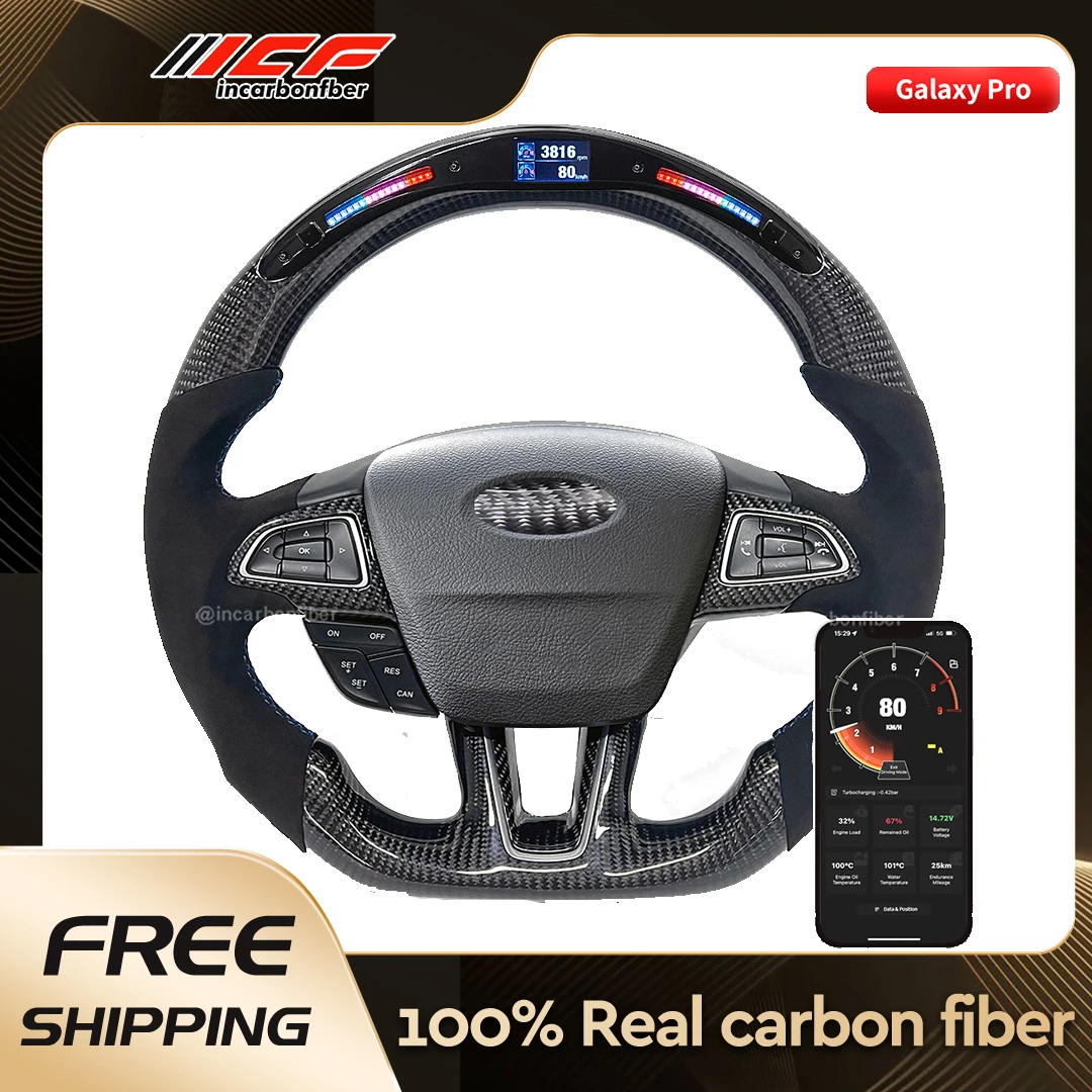 ICF Real Carbon Fiber LED Steering Wheel with Alcantara and Trim no Airbag and Button for Ford Raptor Focus 2015 2016 2017 2018