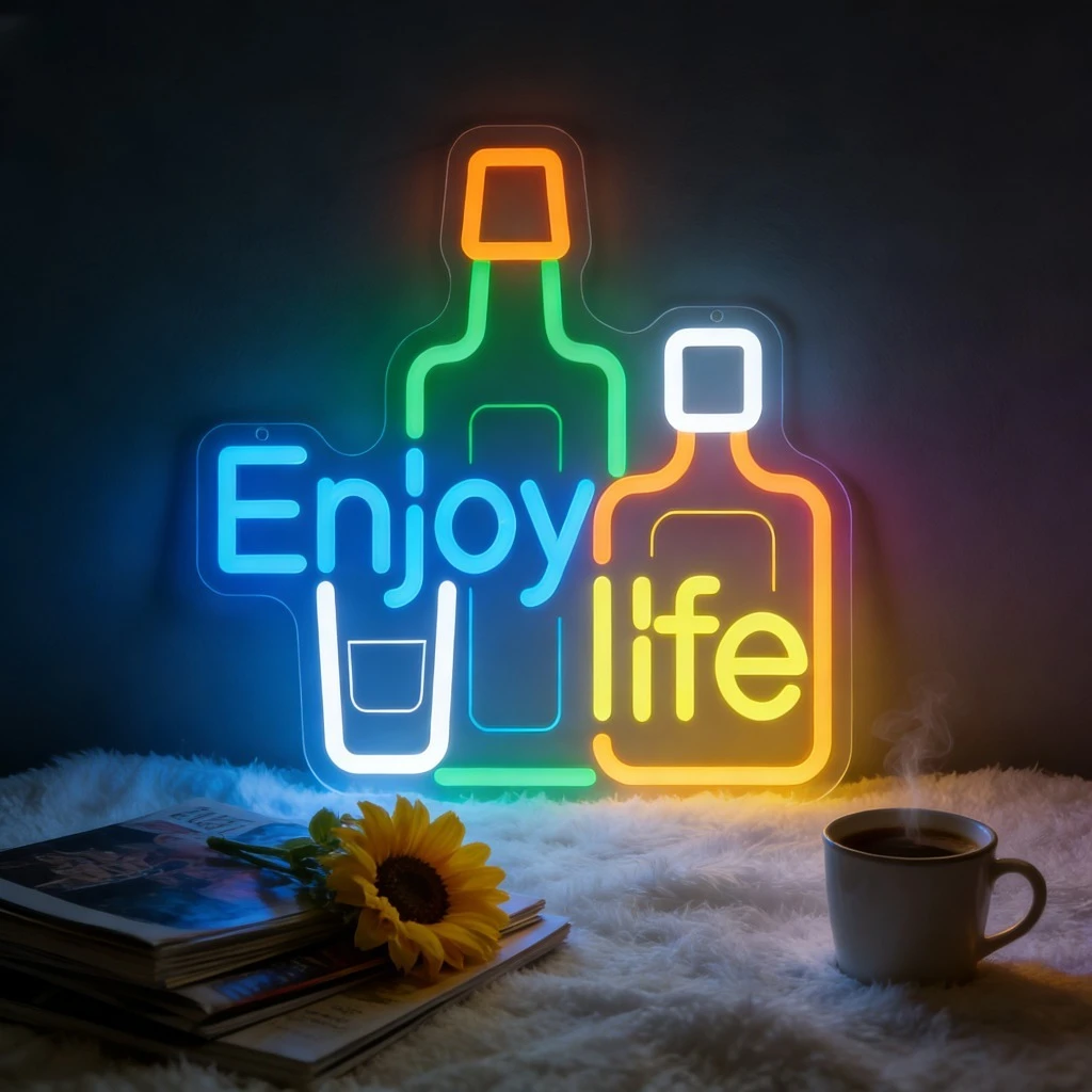 

Enjoy Life Multicolor Bottle LED Neon Light USB Dimmable Neon Sign for Bar Living Room Wall Art Cafe Home Aesthetic Lighting