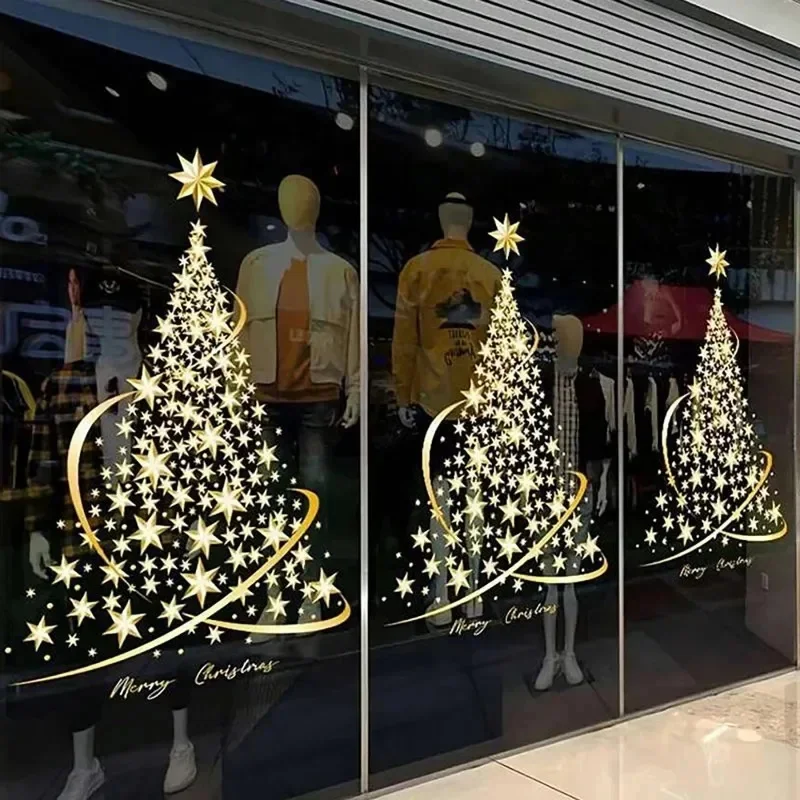 3 Pcs Golden Christmas Tree Window Clings Stickers For DIY Static Wall Window Door Showcase Decal New Year Window Stickers