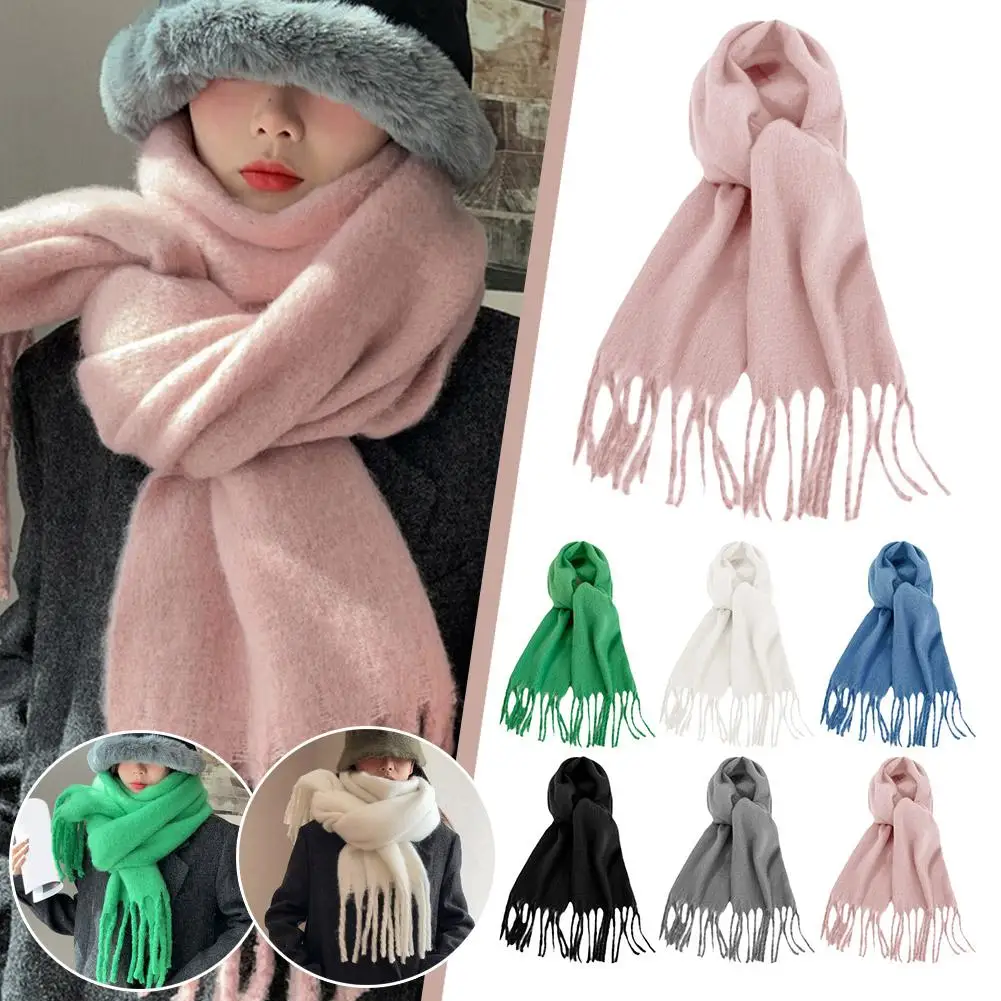 Solid Color Scarf For Women Thicken Warm Winter Shawls Wraps Tassel Female Blanket Classic Fluffy Scarf Solid Color Soft Sh C5Q9