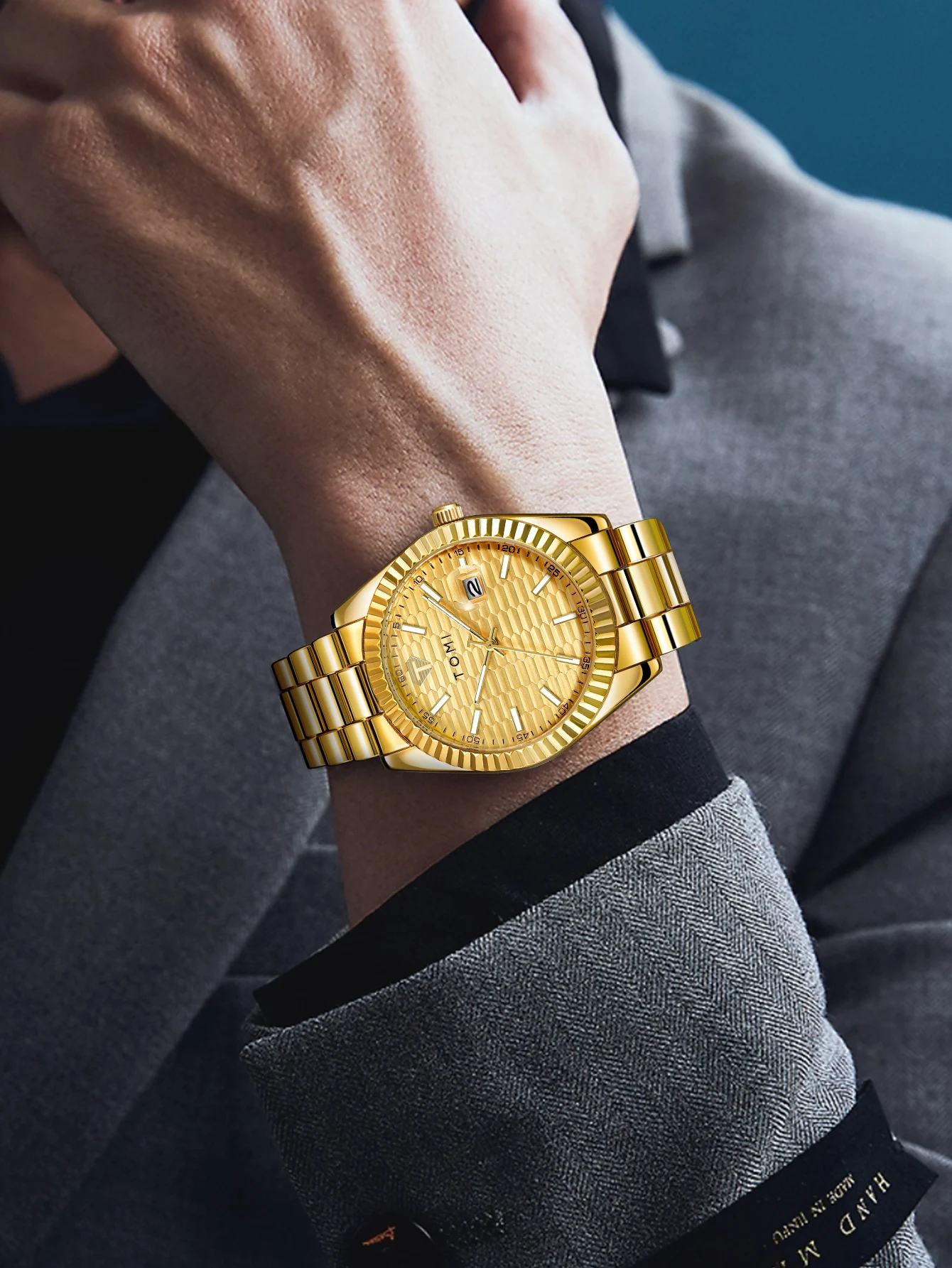 TOMI Neue Herrenuhr Brosche Ring Geschenkbox Set Luxus Business Edelstahlarmband Herren Kalender Casual Quarzuhr Reloj – Detail 15