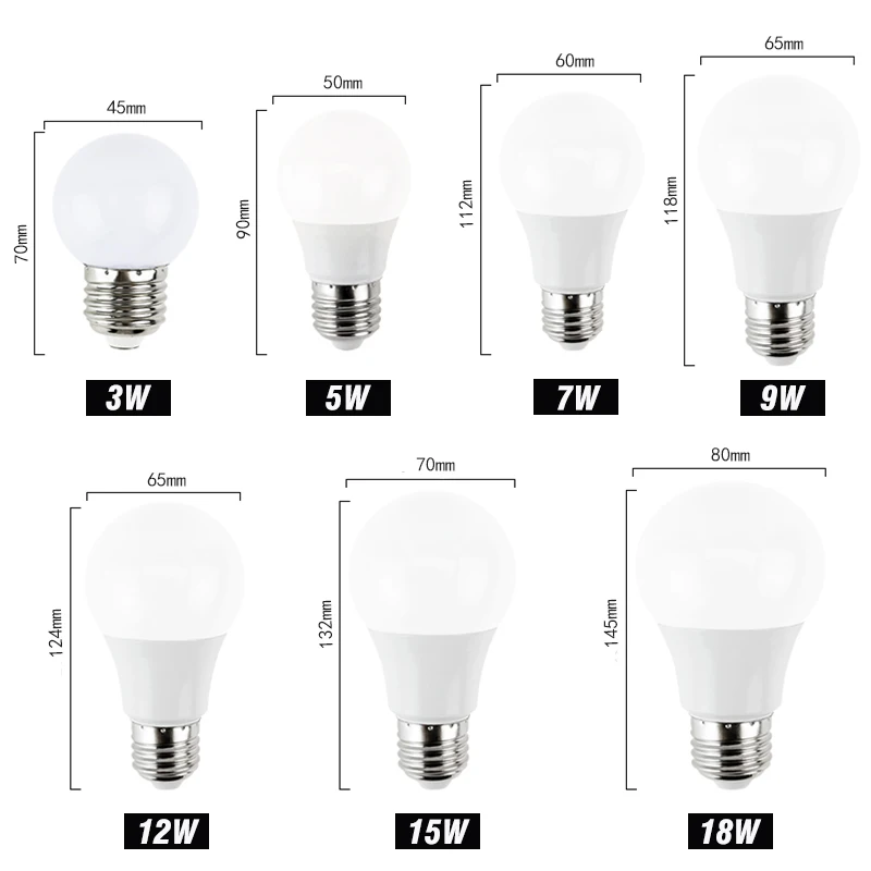 実際の電力電球、テーブルランプ、プロジェクター、LED bombillasランプ、ac 165v-220v、5w、7w、9w、12w、15w、18w、e27