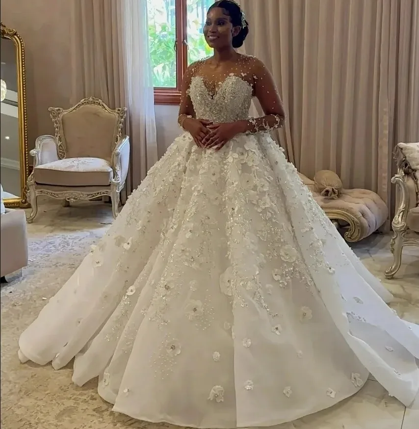 

Luxury African Wedding Dress 2026 Scoop Long Sleeves Beads 3D Handmade Flowers Bridal Bride Grown Vestidos De Noiva