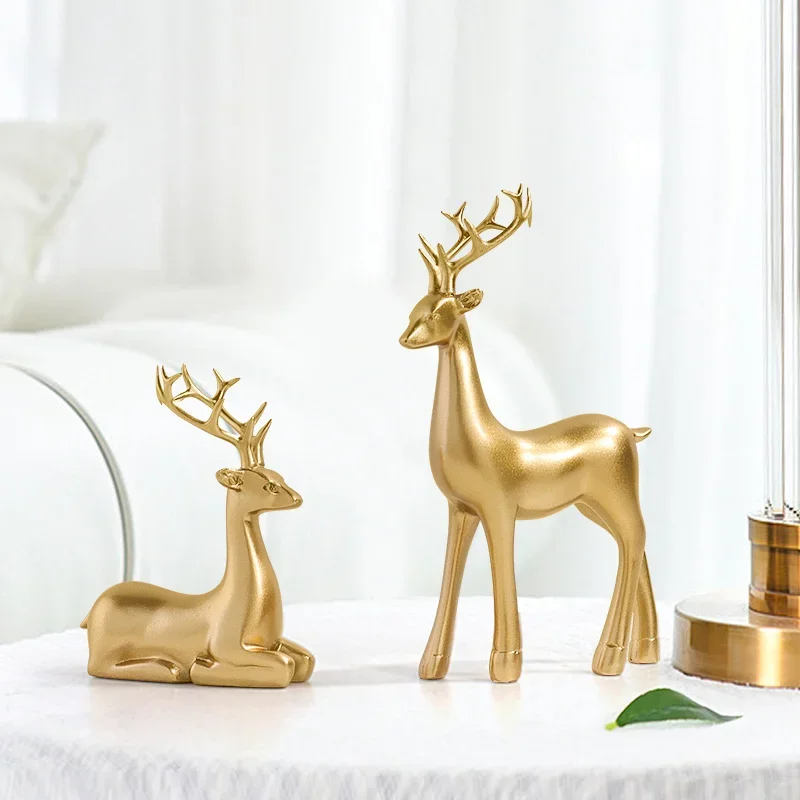 2PCS European Style Home Gold Deer Statue Animal Ornaments Resin Figure Handicraft Decoration Living Room Christmas Gift