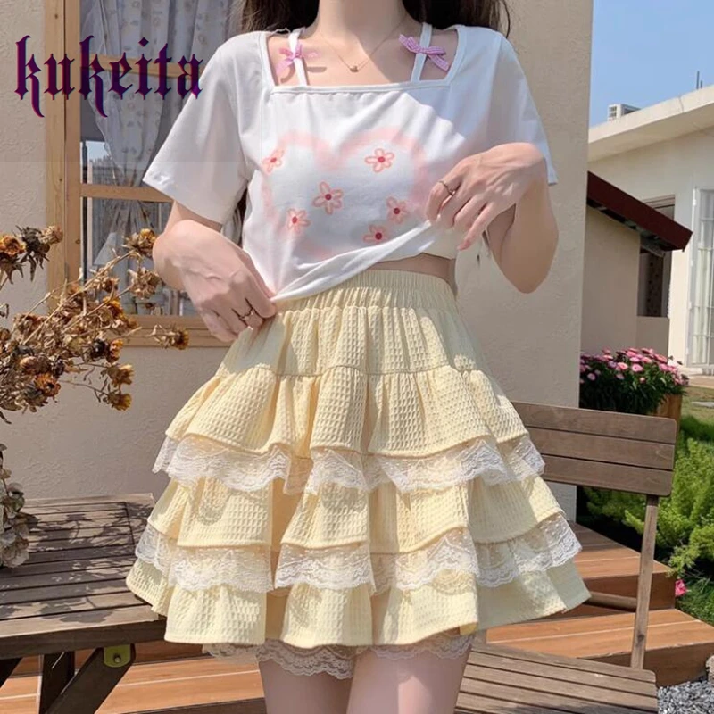 Mini saia kawaii estilo lolita feminina, elástico na cintura, babados com renda, plissados, doce menina, verão, Harajuku, Y2k, bolo, japonês