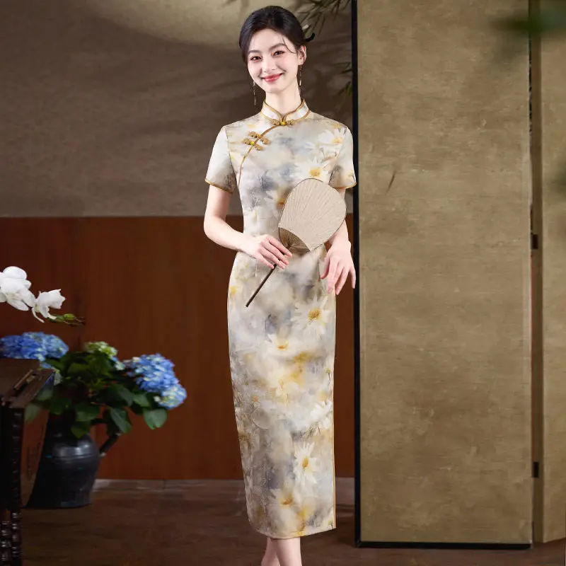 

Ретро-платье-ципао с коротким рукавом и принтом, улучшенная весенняя модель, повседневное китайское платье для молодых женщин