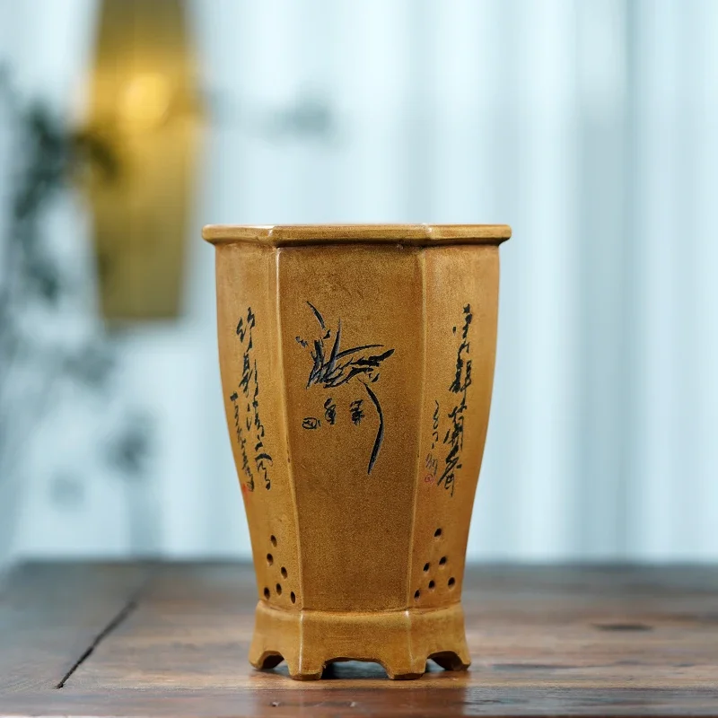 Ceramic Hexagon Bonsai Pot, Flower Vase, Traditional China, Hand Carved Pattern,Home Garden Decoration