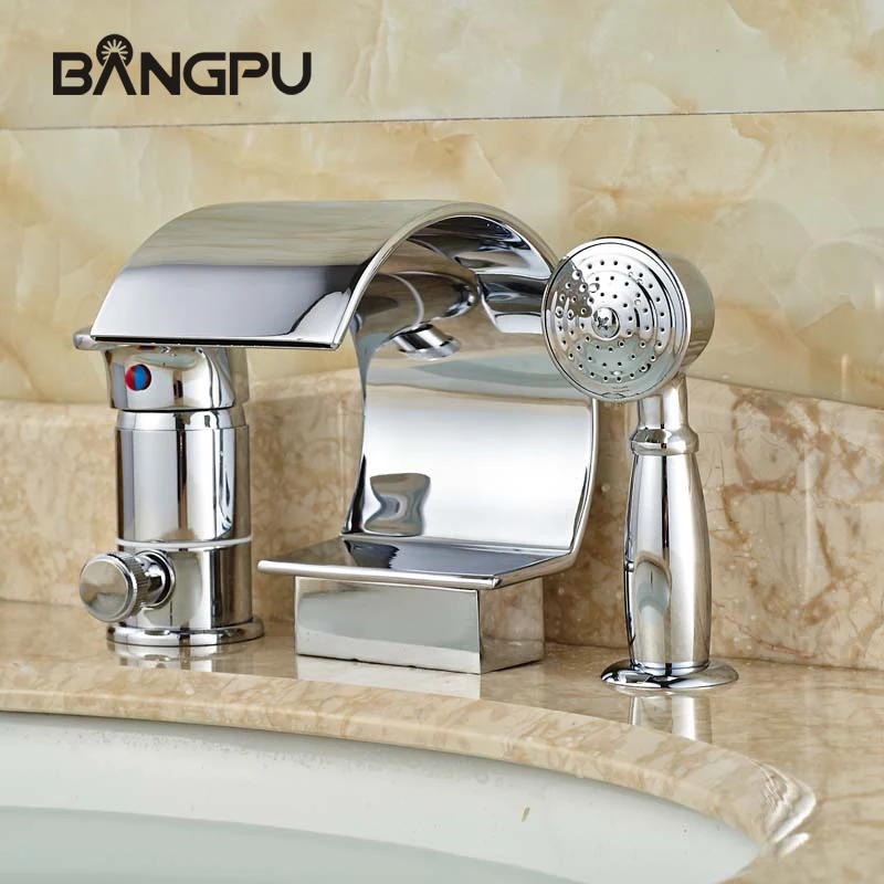 

Bathtub Faucet Set with Sprayer Three Hole Roman Tub Faucet Set Deck Mount Waterfall Bathtub Faucet with Handheld Shower Chrome
