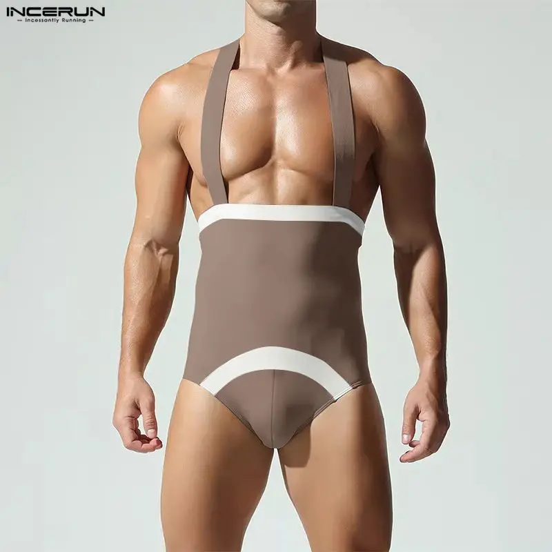 INCERUN Men Bodysuits Patchwork Sleeveless Straps Rompers For Man Color-block Sexy Backless 2026 Summer Fashion Male Bodysuit