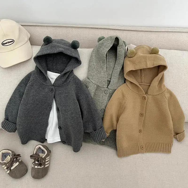 

Новинка осени 2024, детское пальто с капюшоном и длинными рукавами, куртка с милыми медвежьими ушками для мальчиков и девочек, детский хлопковый вязаный кардиган, детская повседневная одежда
