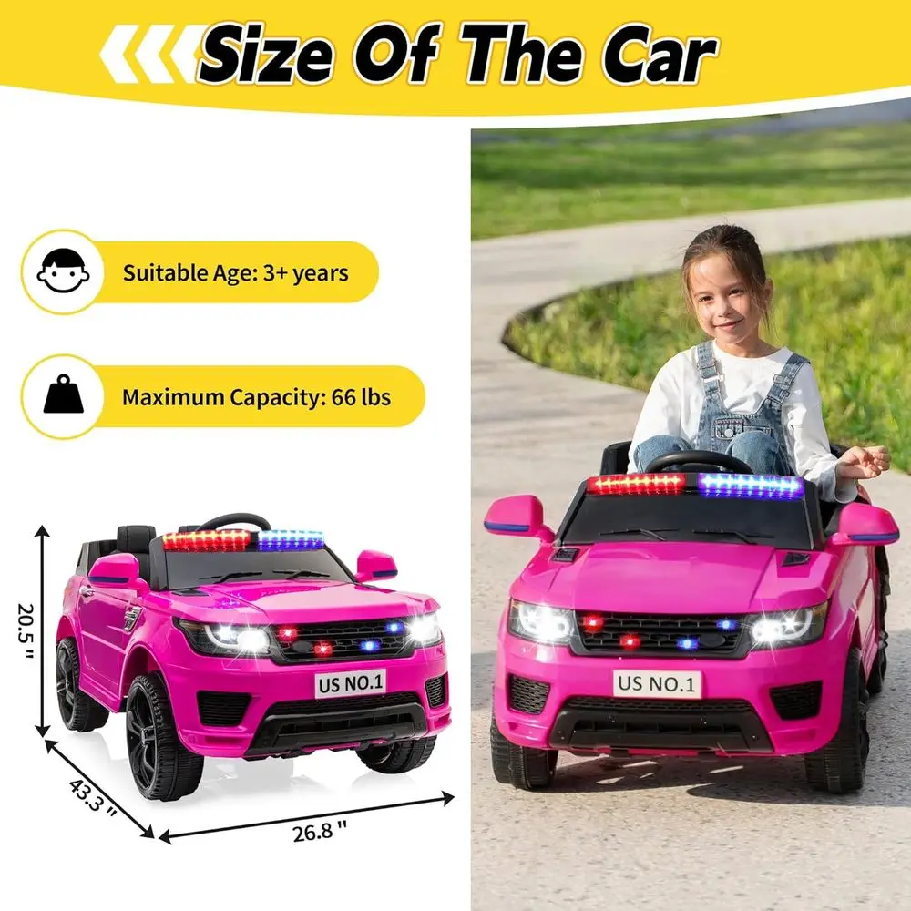 รถยนต์ไฟฟ้าสำหรับเด็ก ขับเคลื่อนด้วยรีโมทคอนโทรล รถตำรวจ 4 ล้อ แบตเตอรี่ 12V รถตำรวจสำหรับเด็กเล็ก สีชมพู