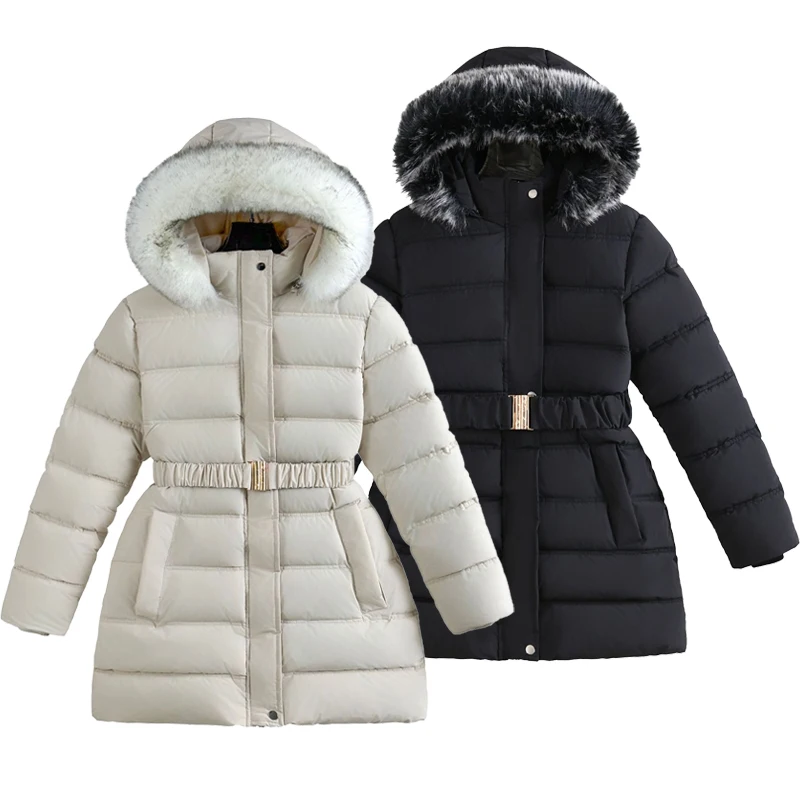 ZOETOPKID Winter Long Style Teen Girls Jacket Solid Color Slim Fit Fashion Detachable Hat Big Fur Collar Hooded Keep Warm Coat