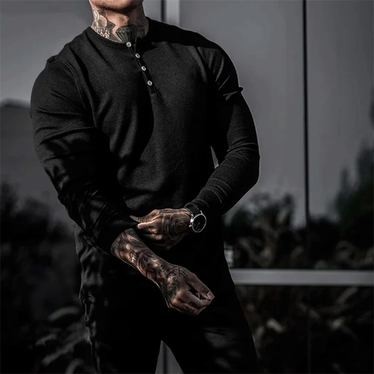 Men Long Sleeve Shirts Sweater Shirt Henry Collar Round Hem Solid Color Autumn Fitness Workout Casual Men Clothing