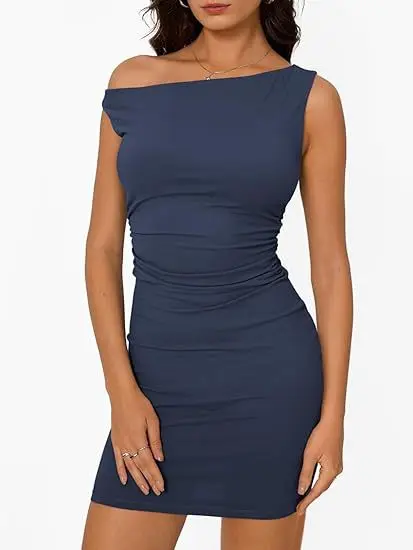 2025 クロスボーダー婦人服 Amazon ホットショルダー ネックライン ウエスト プリーツ ノースリーブ ヒップパック ドレス