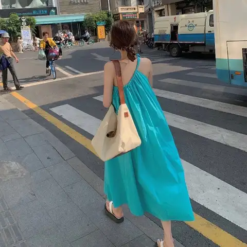 새로운 여름 프랑스어 민소매 오프 숄더 틈새 드레스 디자인 감각 기능 여행 스커트 여성 대외 무역