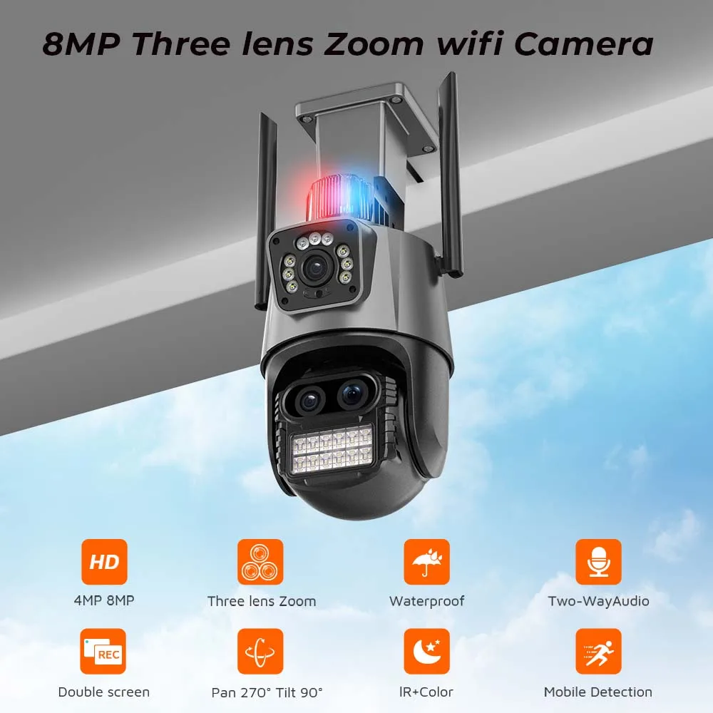 BESDER 8MP 4K PTZ Wifi Camera Three Lens with Dual Screen Multiple Ai Human Detect Wireless Outdoor Surveillance CCTV Camera