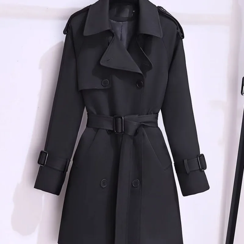 Trendy Women's Trench Coats New Spring Autumn High-end Mid-length Slim Outerwear Double-breasted Belt Long Sleeves Windbreaker