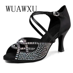 NATASHA Black Satin Inlaid Diamond Latin Dance Shoes Women's 2023 New Soft Sole Dance Sandals Summer Dance Medium High Heels