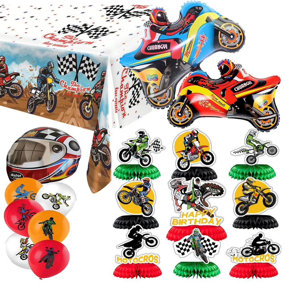 Dirt Bike Party Decorations Motocross Birthday Party Supplies Honeycomb Tablecloth Motorcycle Extreme Sports Helmet Foil Balloon