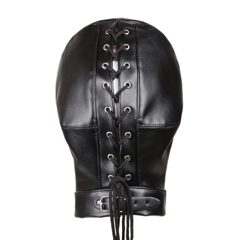 Adult Sexy Black PU Leather Head Bondage Hood Mask Men Cosplay Party Costume Head Cover Zipper Open Eyes Nightclub Accessories