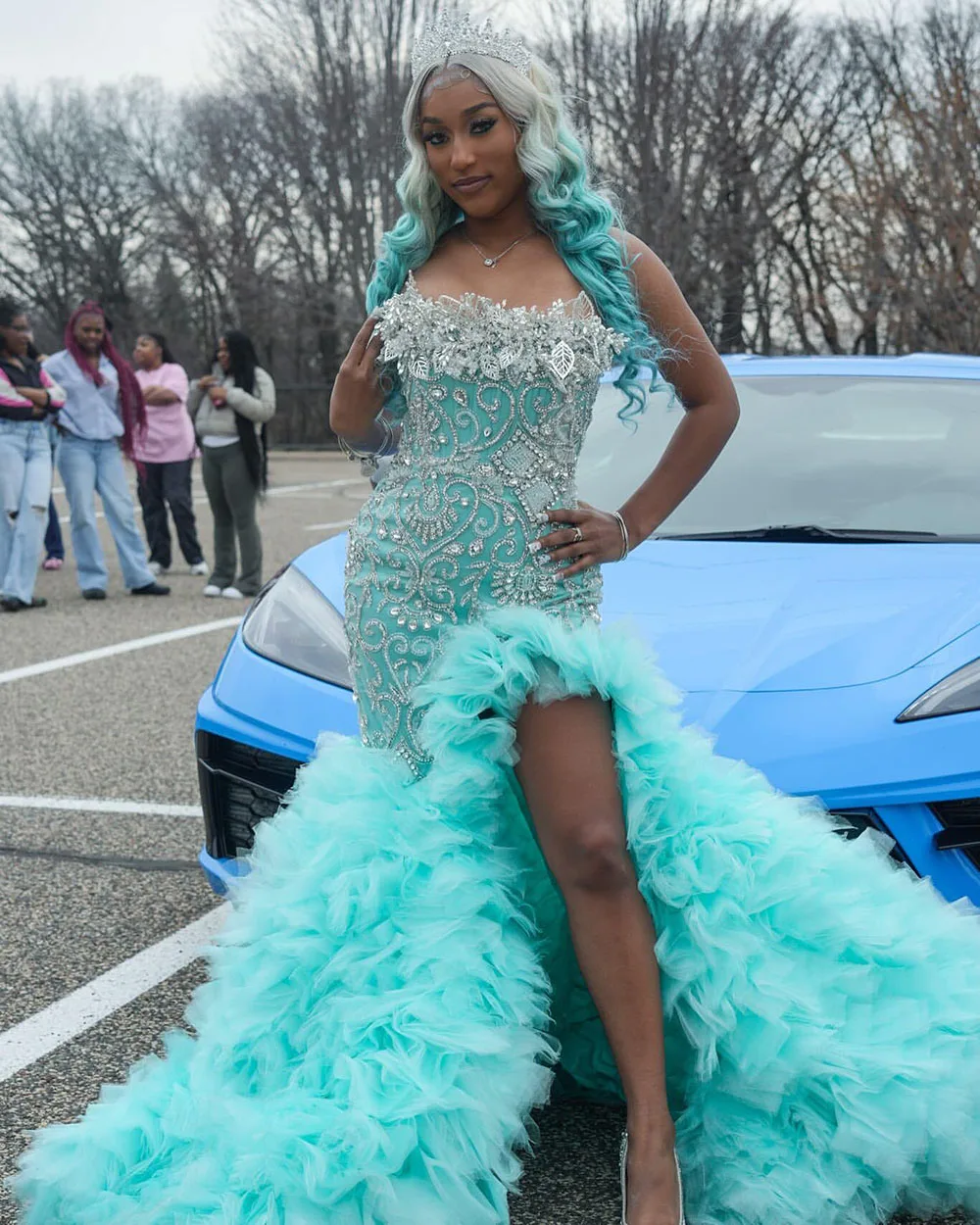 Luxury Ruffles Prom Dresses For Black Girls 2025 Flowers Beading Split Party Dress Birthday Outfit robe haute couture Customized