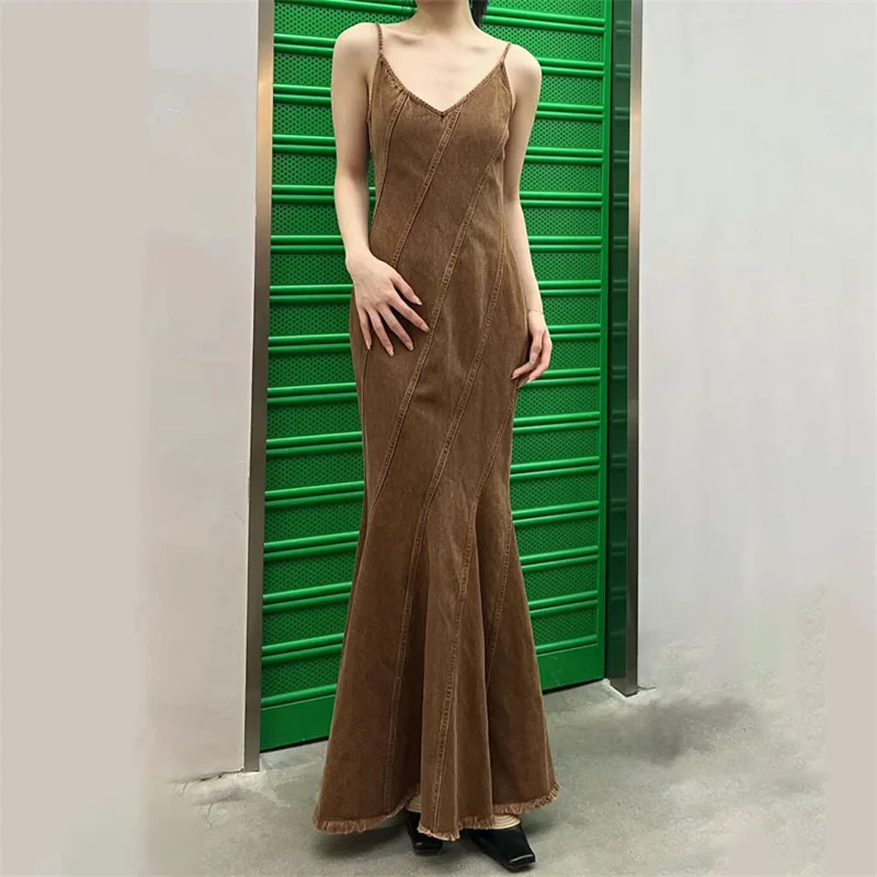 

elegant party dresses woman 2024 autumn New retro washed pure cotton long dresses Sexy backless camisole dress Evening dresses