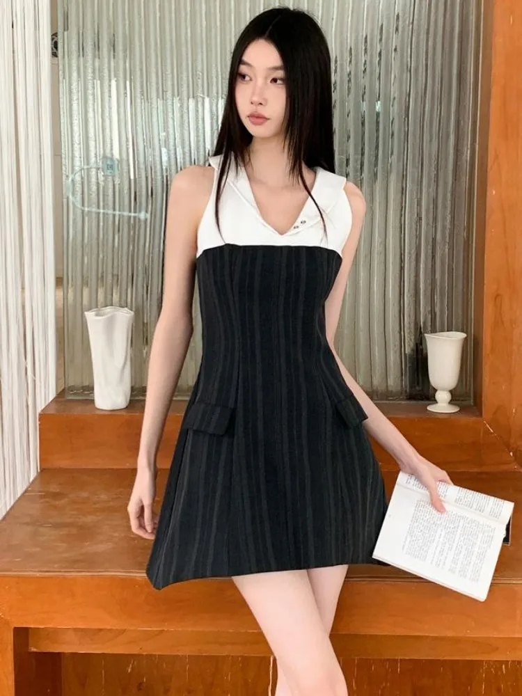 Striped Patchwork Dress For Women's Summer New Spicy Girl Academy Style Sleeveless Waist Collection Chic Short Skirt