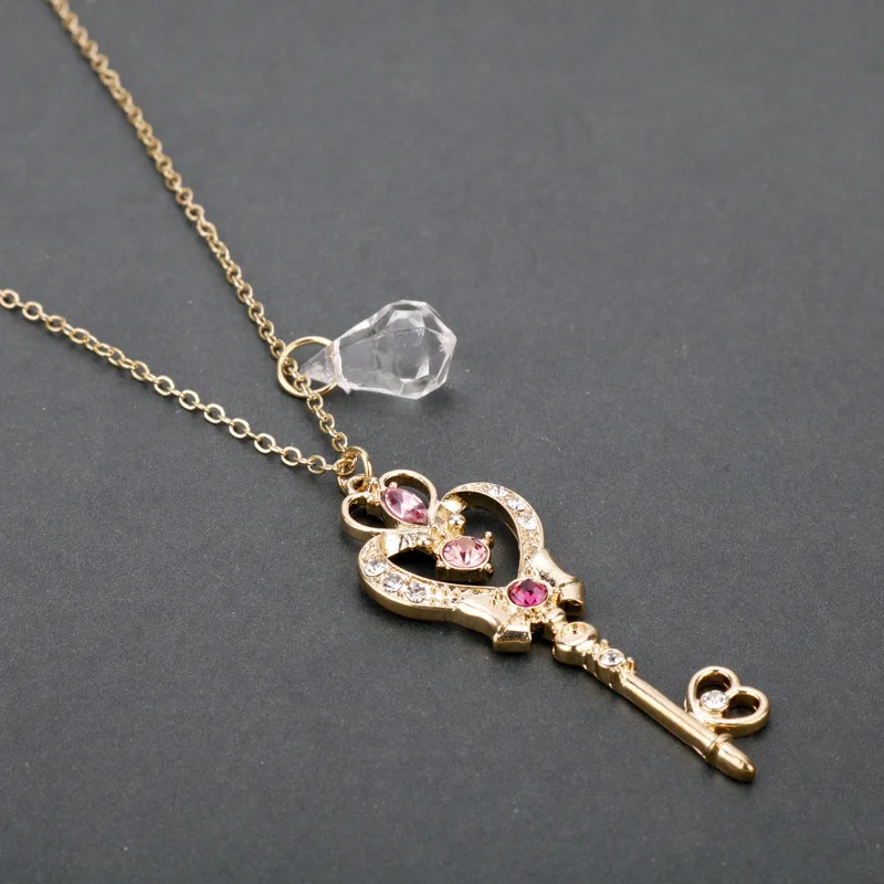 Anime Pretty Girl Warrior Time and Space Key Pendant Heart Shaped Necklace Fashion Versatile Sweater Chain Female